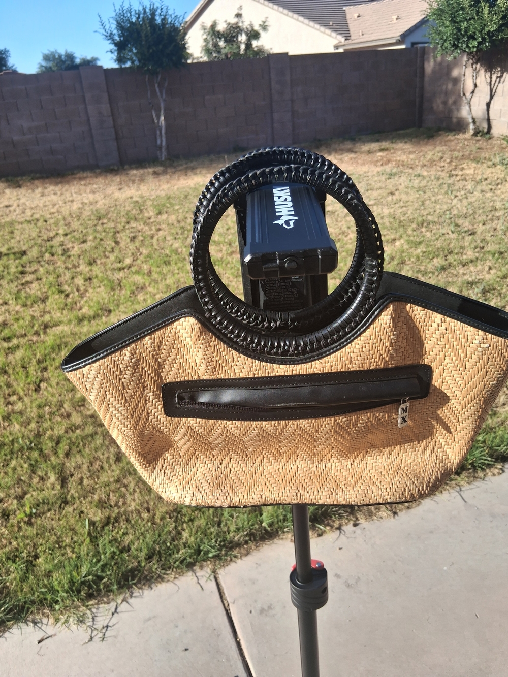 Woven Straw Tote with Black Trim - Women's Handbag